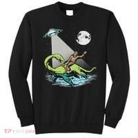 Bigfoot Riding Nessie & Ufo Aliens At Night Funny Retro Sweatshirt thumb 0