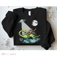 Bigfoot Riding Nessie & Ufo Aliens At Night Funny Retro Sweatshirt thumb 2