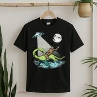 Bigfoot Riding Nessie & Ufo Aliens At Night Funny Retro T-Shirt thumb 2