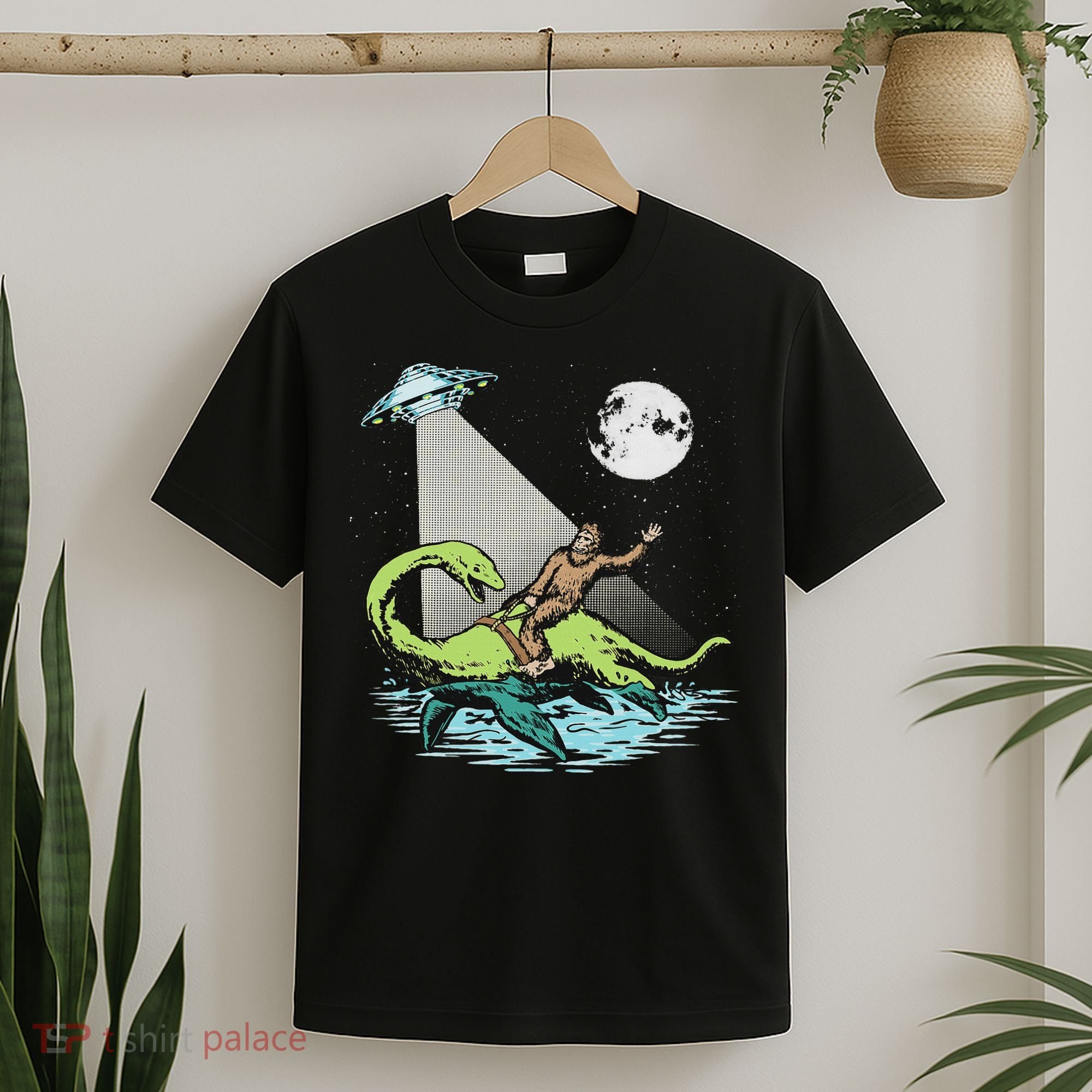 Bigfoot Riding Nessie & Ufo Aliens At Night Funny Retro T-Shirt