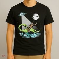 Bigfoot Riding Nessie & Ufo Aliens At Night Funny Retro T-Shirt thumb 3