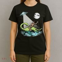 Bigfoot Riding Nessie & Ufo Aliens At Night Funny Retro T-Shirt thumb 4