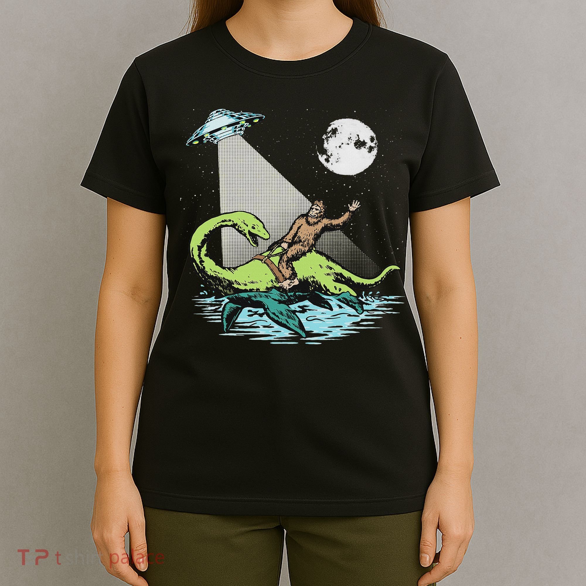 Bigfoot Riding Nessie & Ufo Aliens At Night Funny Retro T-Shirt
