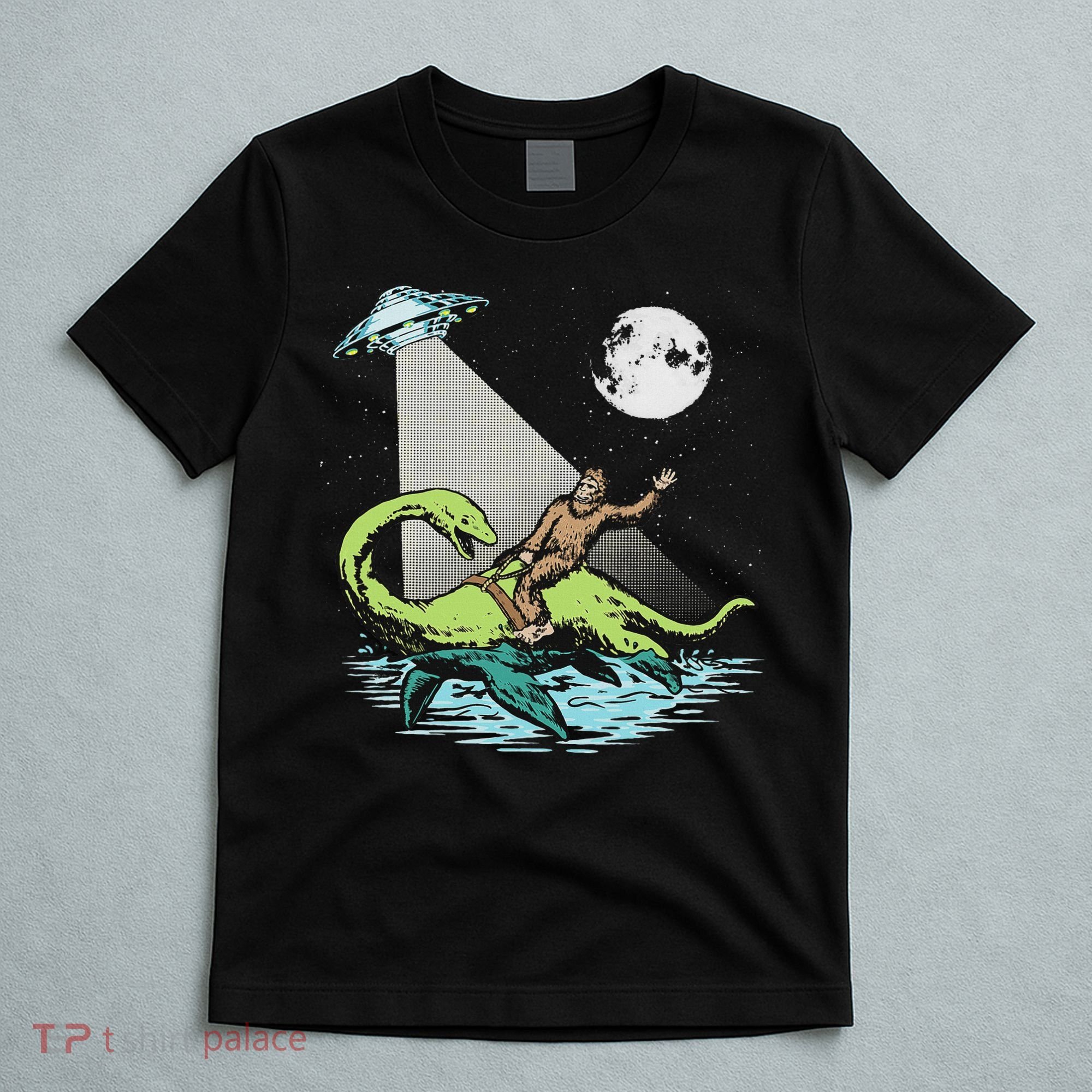 Bigfoot Riding Nessie & Ufo Aliens At Night Funny Retro T-Shirt