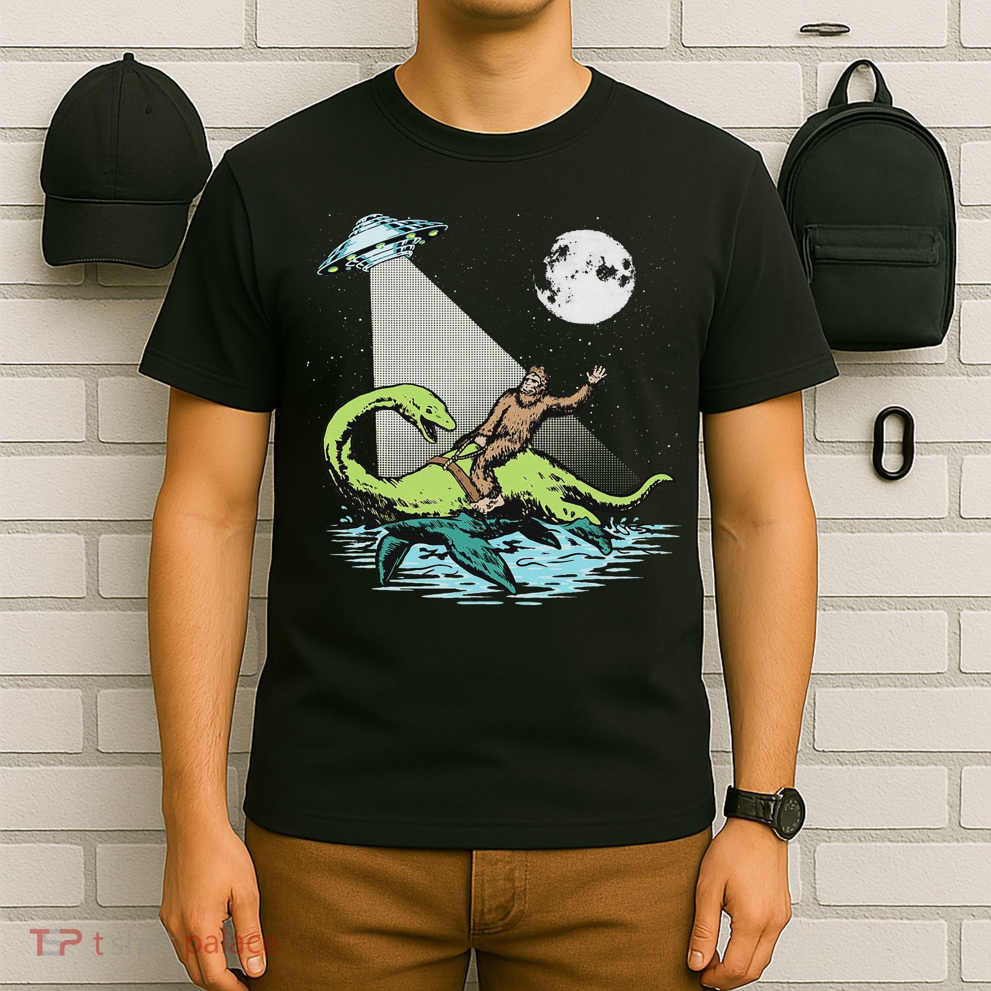 Bigfoot Riding Nessie & Ufo Aliens At Night Funny Retro T-Shirt