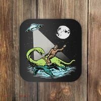 Bigfoot Riding Nessie & Ufo Aliens At Night Funny Retro Coaster thumb 0