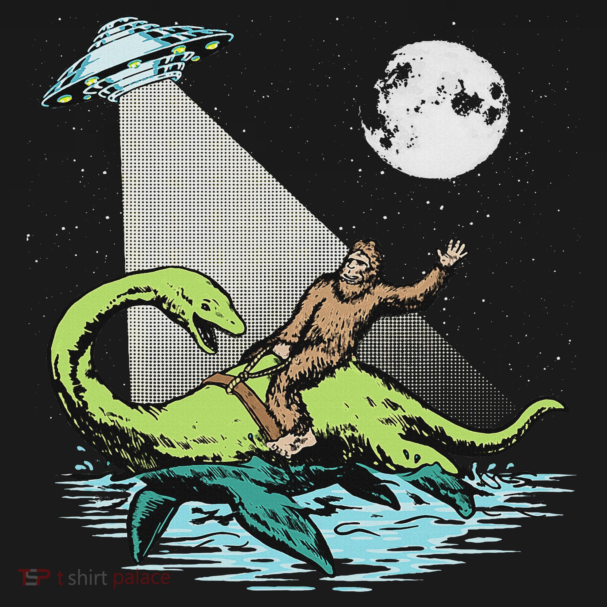 Bigfoot Riding Nessie & Ufo Aliens At Night Funny Retro Women's Hoodie