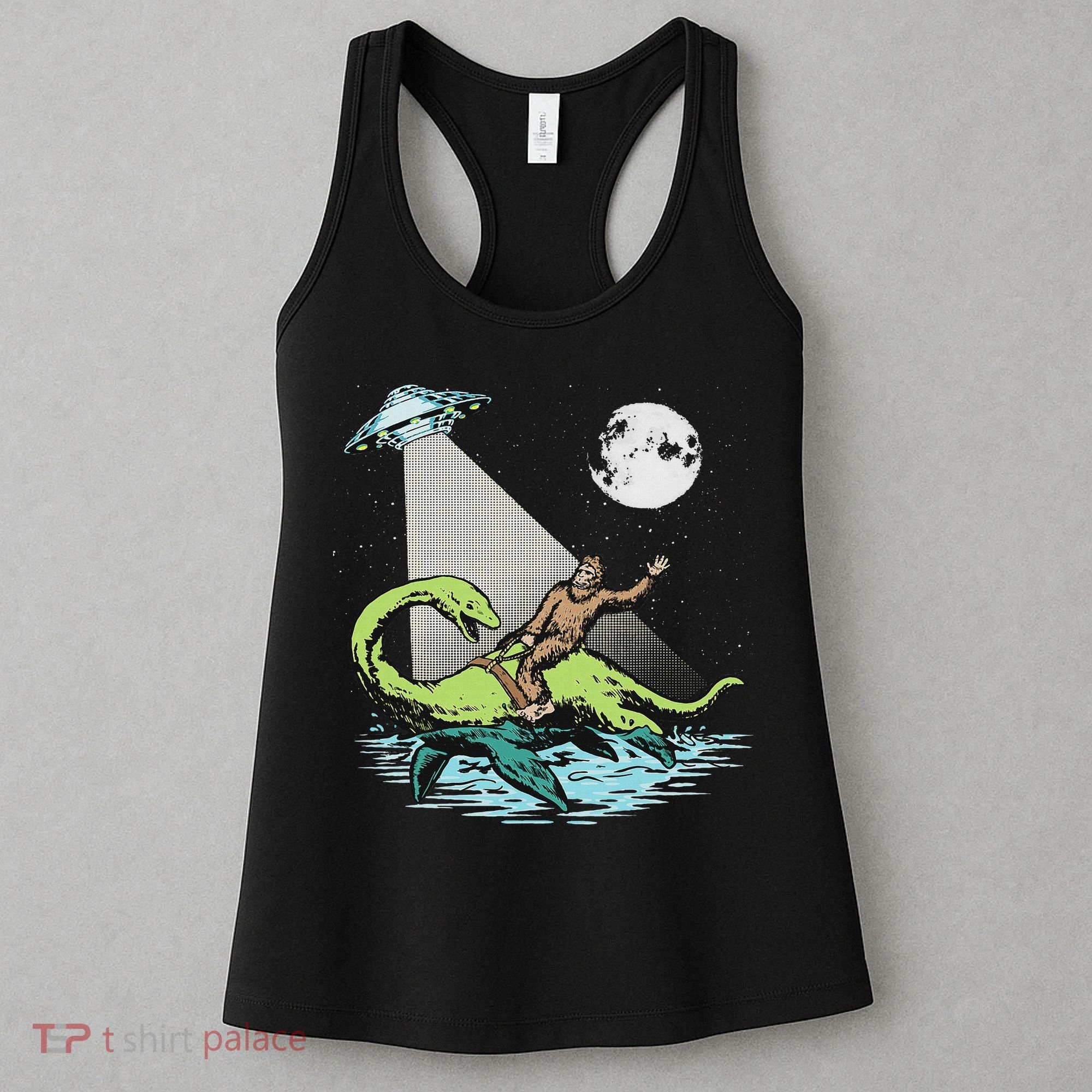 Bigfoot Riding Nessie & Ufo Aliens At Night Funny Retro Women's Tank Top
