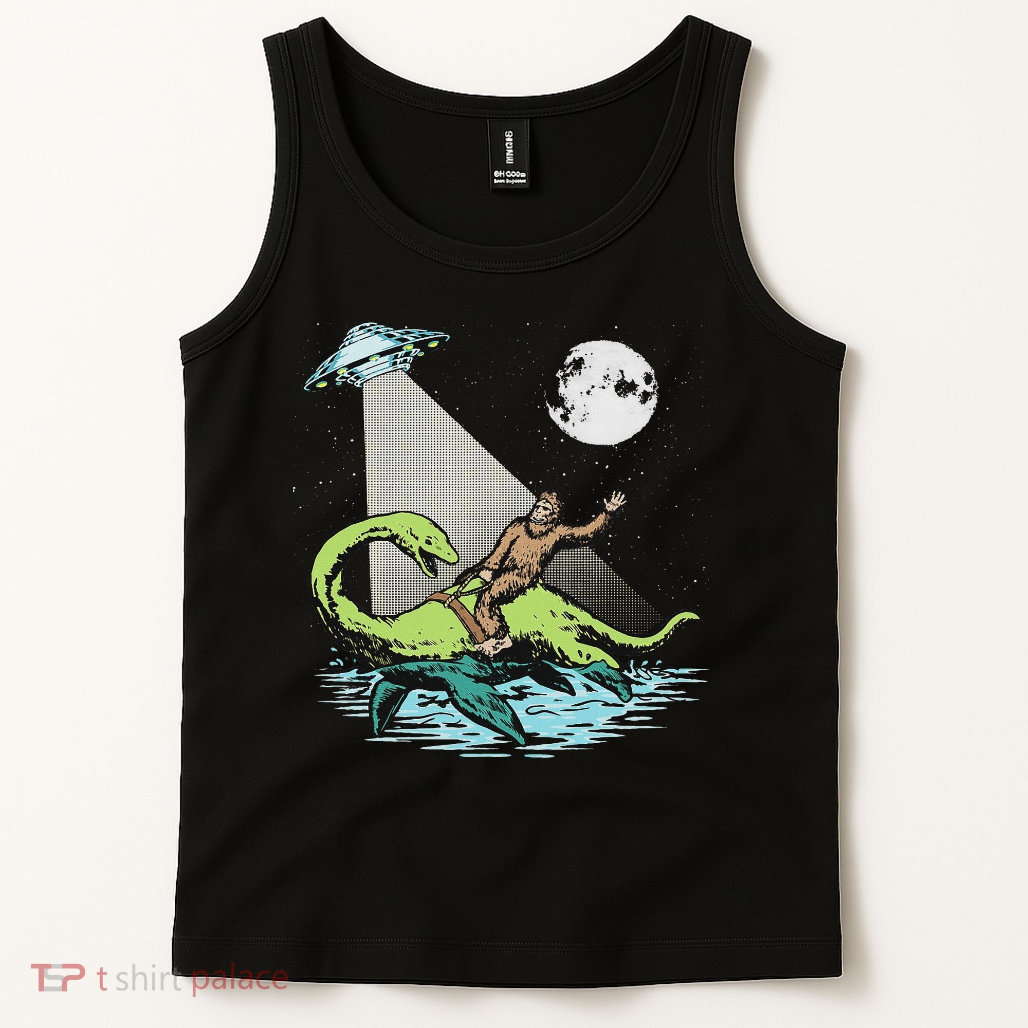 Bigfoot Riding Nessie & Ufo Aliens At Night Funny Retro Tank Top