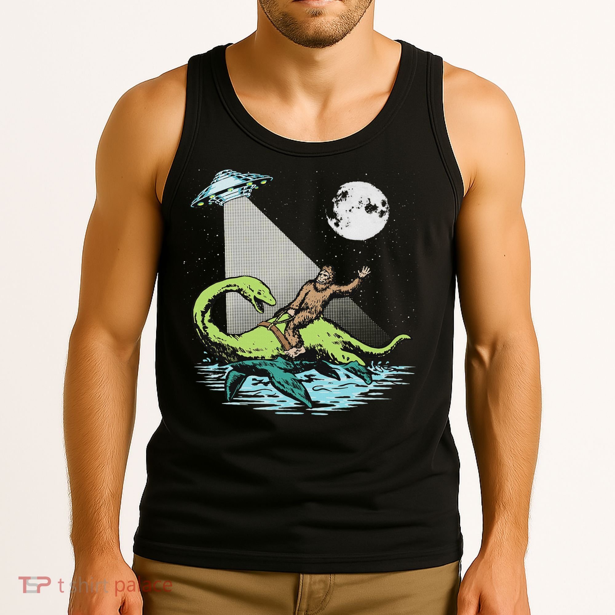 Bigfoot Riding Nessie & Ufo Aliens At Night Funny Retro Tank Top