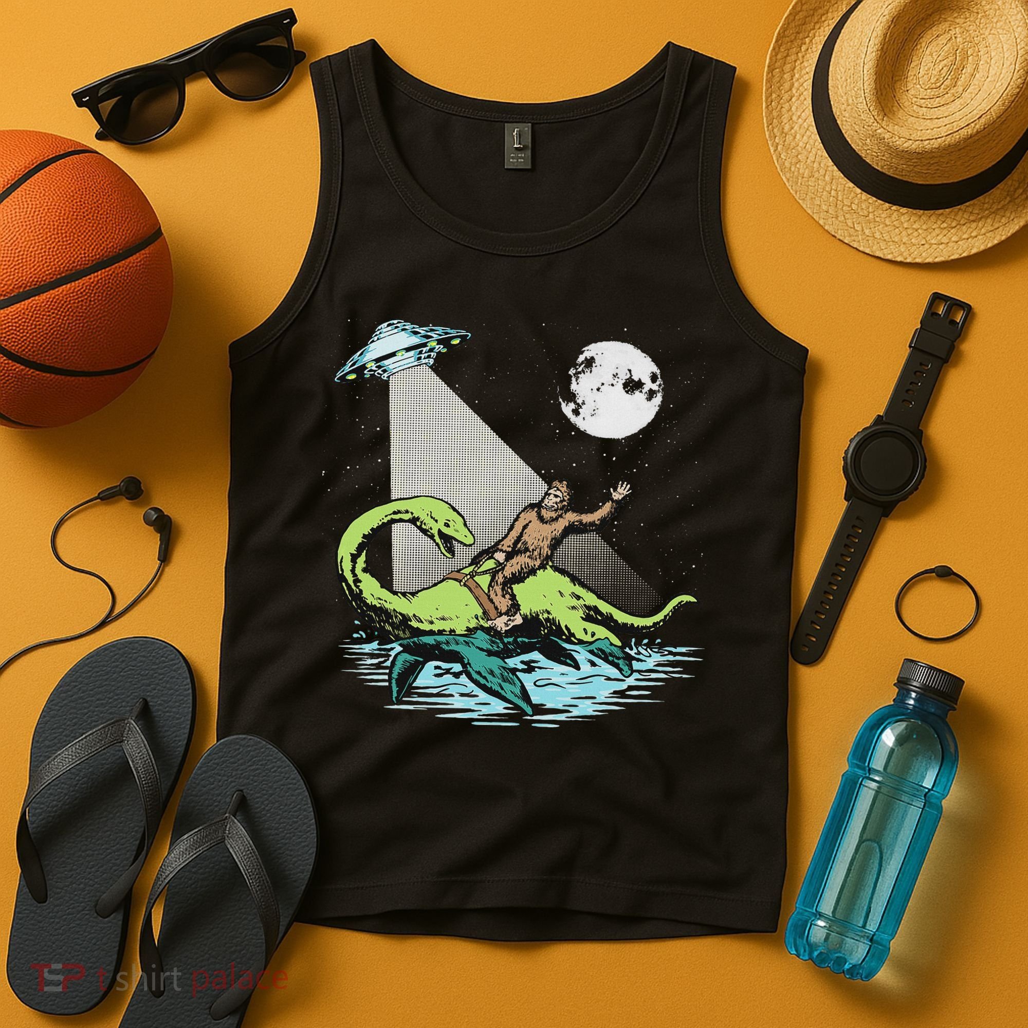 Bigfoot Riding Nessie & Ufo Aliens At Night Funny Retro Tank Top