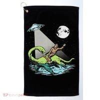Bigfoot Riding Nessie & Ufo Aliens At Night Funny Retro Golf Towel thumb 0