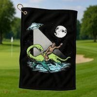 Bigfoot Riding Nessie & Ufo Aliens At Night Funny Retro Golf Towel thumb 1