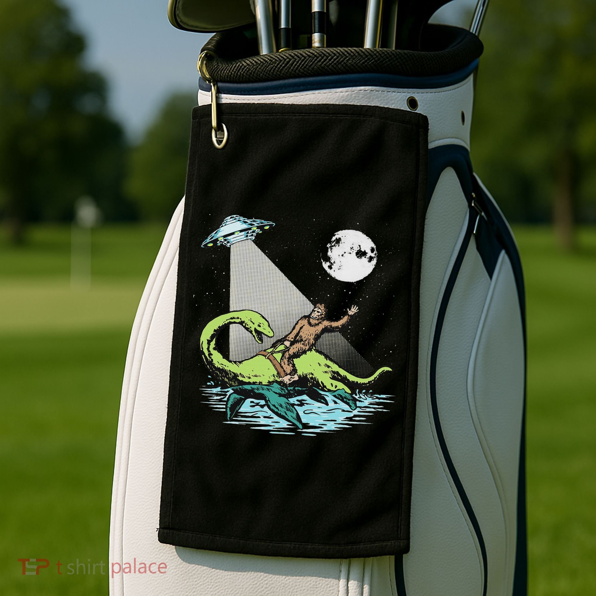 Bigfoot Riding Nessie & Ufo Aliens At Night Funny Retro Golf Towel