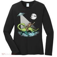 Bigfoot Riding Nessie & Ufo Aliens At Night Funny Retro Women's Long Sleeve Shirt thumb 0