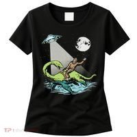 Bigfoot Riding Nessie & Ufo Aliens At Night Funny Retro Women's T-Shirt thumb 0