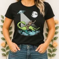 Bigfoot Riding Nessie & Ufo Aliens At Night Funny Retro Women's T-Shirt thumb 2