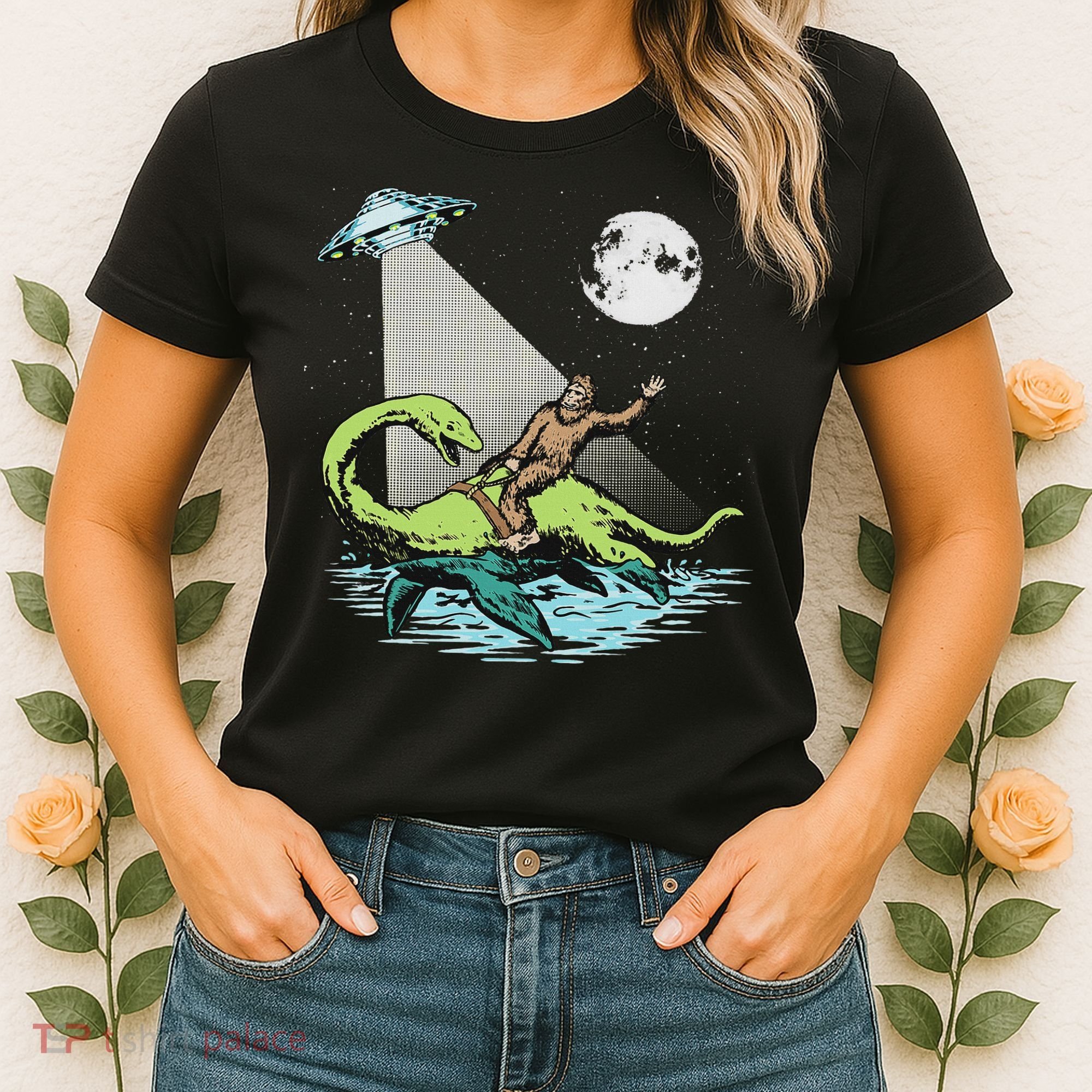 Bigfoot Riding Nessie & Ufo Aliens At Night Funny Retro Women's T-Shirt