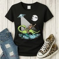 Bigfoot Riding Nessie & Ufo Aliens At Night Funny Retro Women's T-Shirt thumb 3