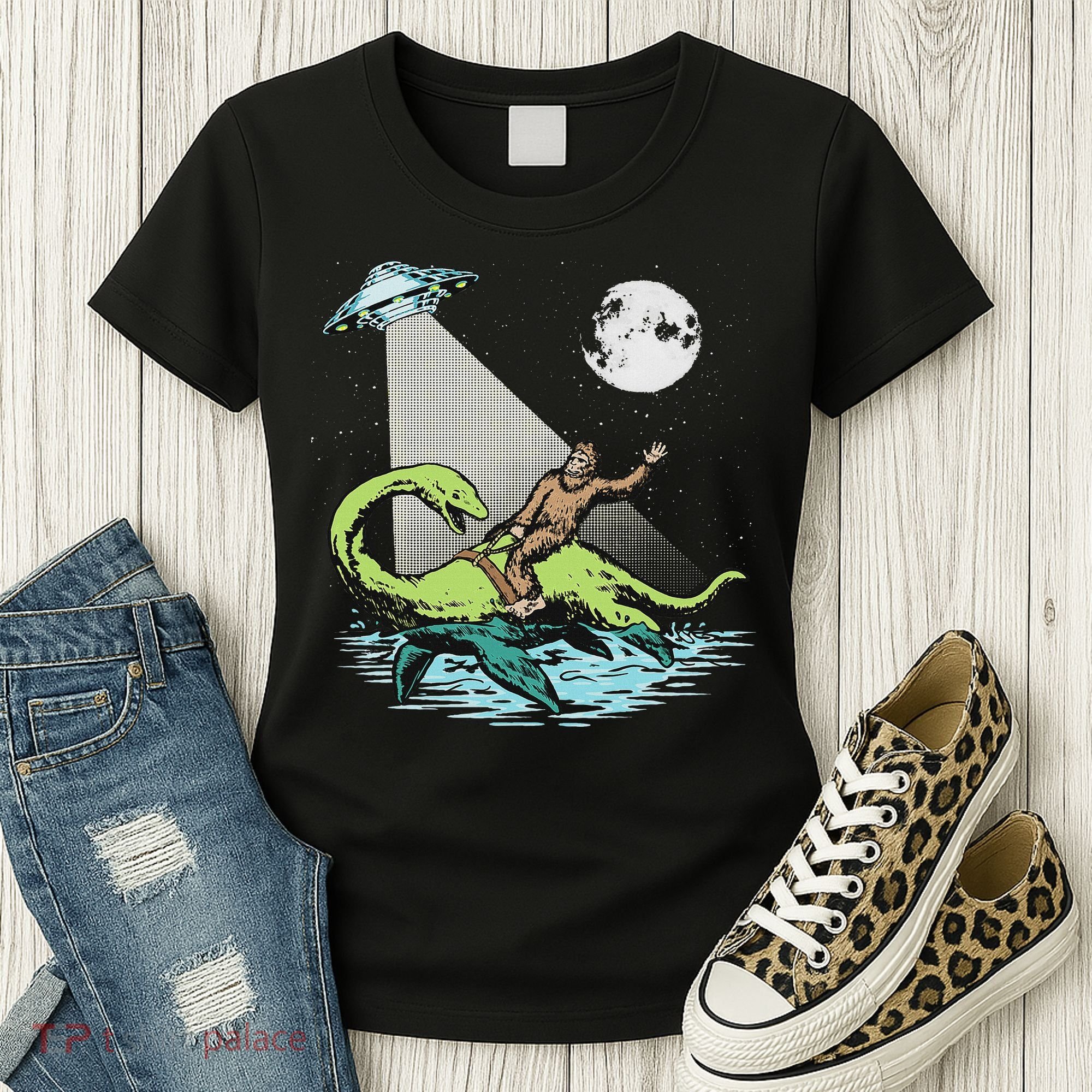 Bigfoot Riding Nessie & Ufo Aliens At Night Funny Retro Women's T-Shirt