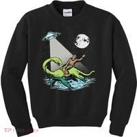 Bigfoot Riding Nessie & Ufo Aliens At Night Funny Retro Kids Sweatshirt thumb 0