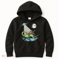 Bigfoot Riding Nessie & Ufo Aliens At Night Funny Retro Kids Hoodie thumb 0