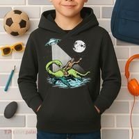 Bigfoot Riding Nessie & Ufo Aliens At Night Funny Retro Kids Hoodie thumb 2