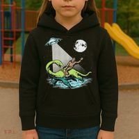 Bigfoot Riding Nessie & Ufo Aliens At Night Funny Retro Kids Hoodie thumb 3