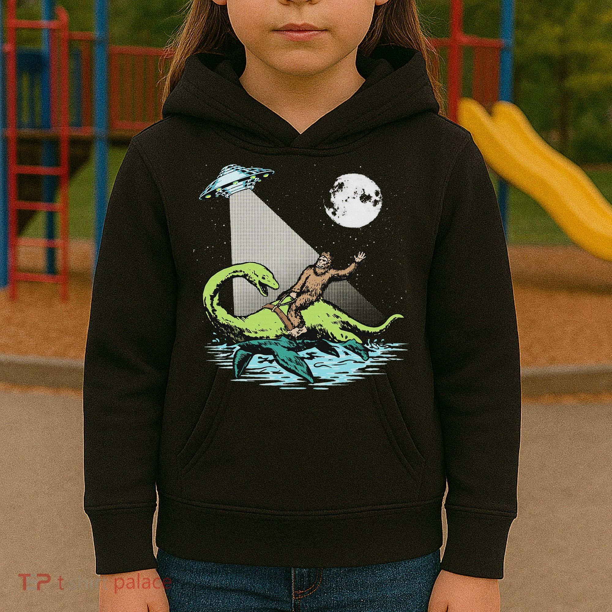 Bigfoot Riding Nessie & Ufo Aliens At Night Funny Retro Kids Hoodie