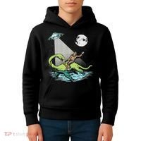 Bigfoot Riding Nessie & Ufo Aliens At Night Funny Retro Kids Hoodie thumb 4