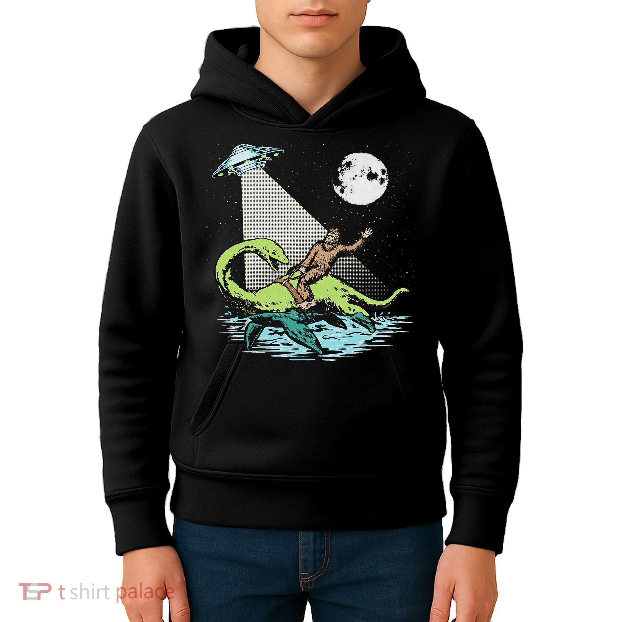 Bigfoot Riding Nessie & Ufo Aliens At Night Funny Retro Kids Hoodie