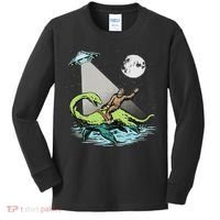 Bigfoot Riding Nessie & Ufo Aliens At Night Funny Retro Kids Long Sleeve Shirt thumb 0