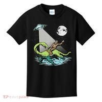 Bigfoot Riding Nessie & Ufo Aliens At Night Funny Retro Kids T-Shirt thumb 0