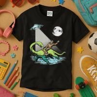 Bigfoot Riding Nessie & Ufo Aliens At Night Funny Retro Kids T-Shirt thumb 3