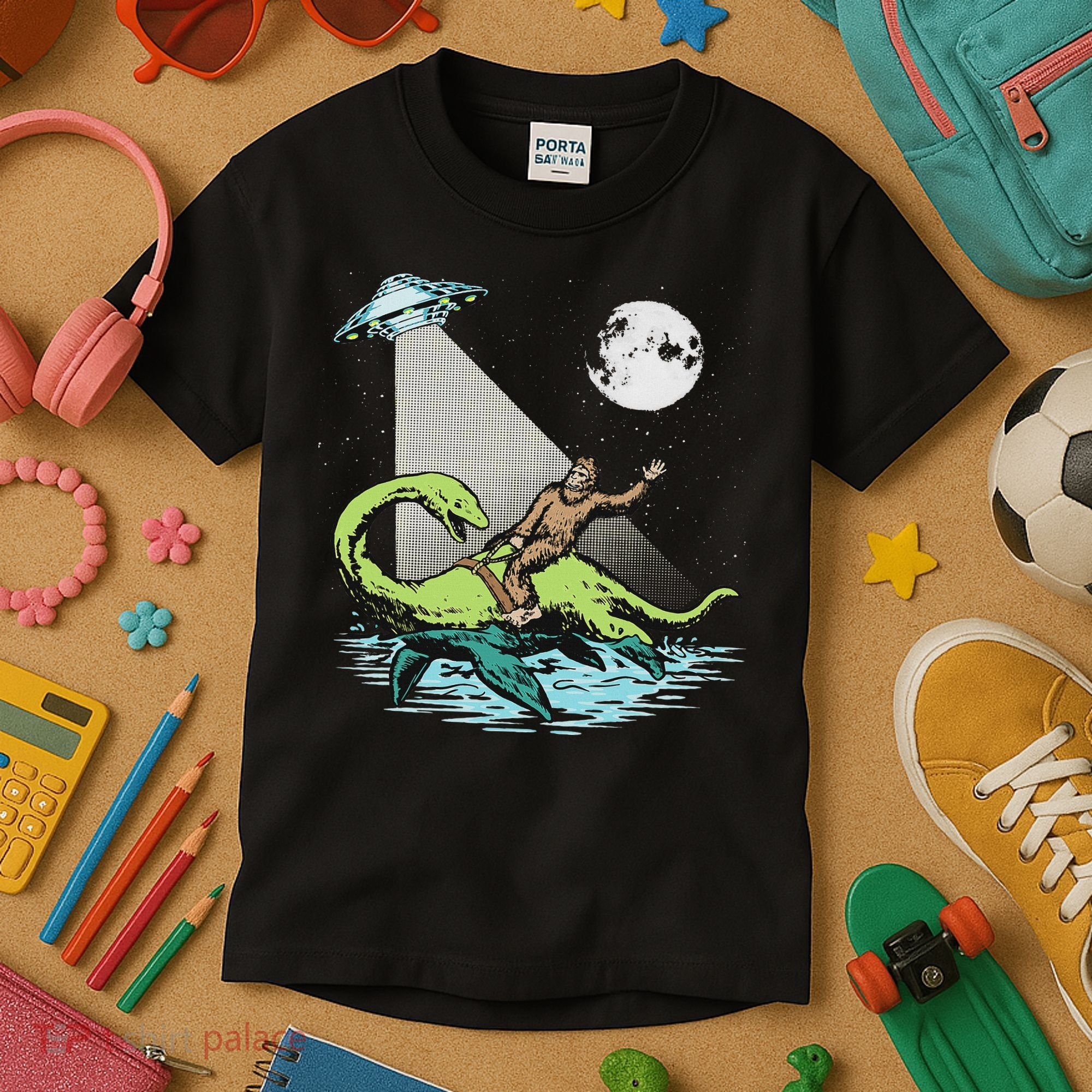 Bigfoot Riding Nessie & Ufo Aliens At Night Funny Retro Kids T-Shirt