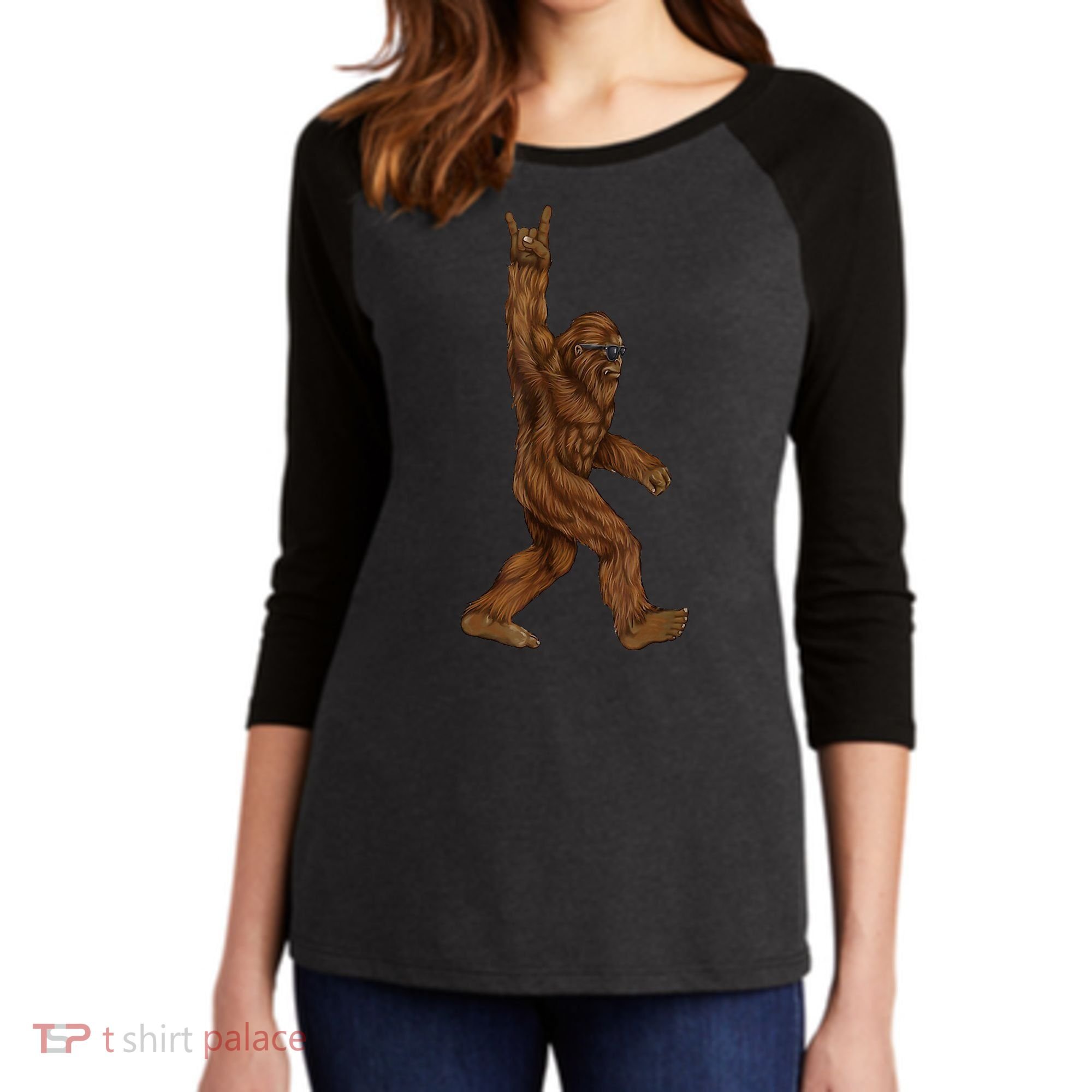 Bigfoot Rock On Women's Tri-Blend 3/4-Sleeve Raglan Shirt