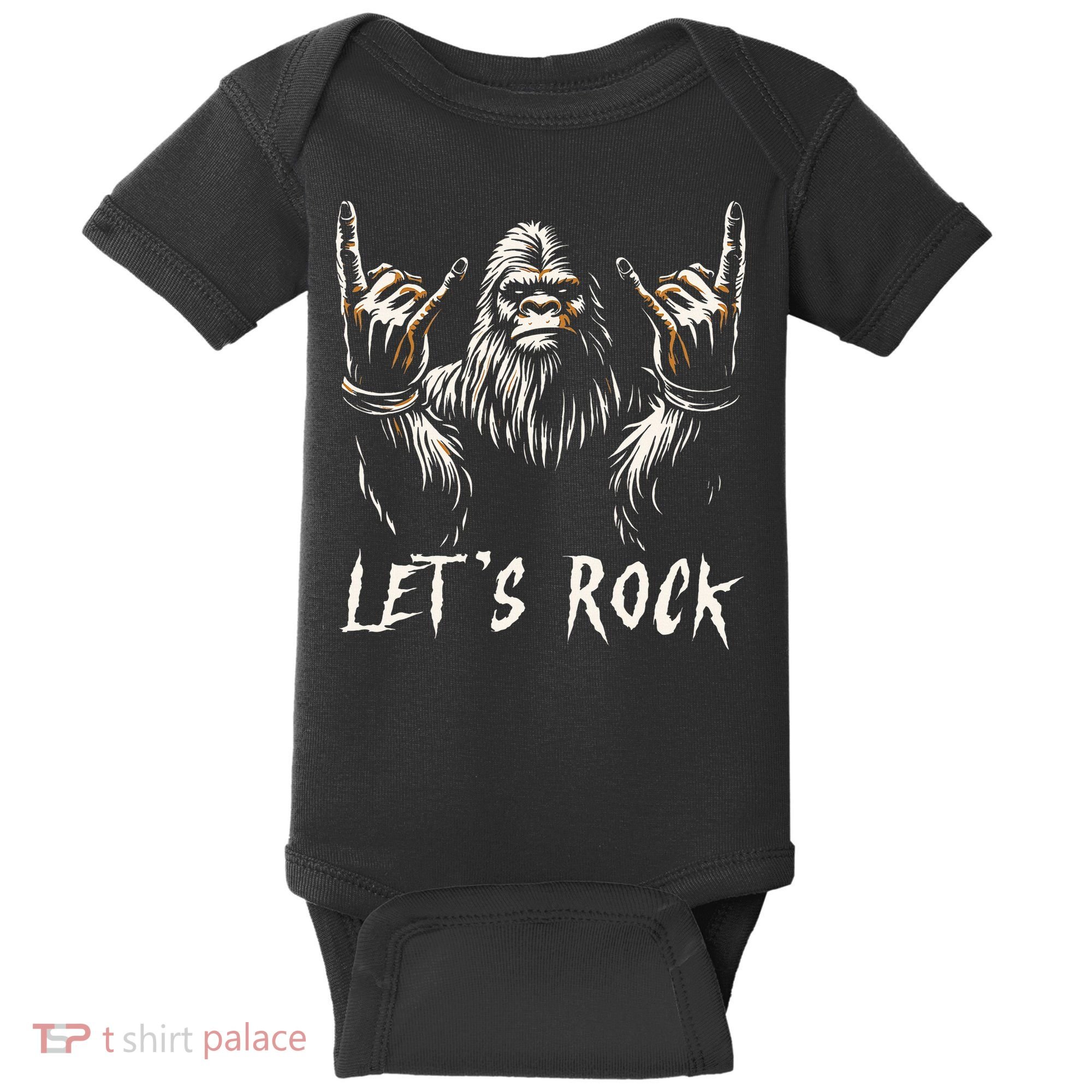 Bigfoot Rock On Funny Sasquatch Rock and Roll Let's Rock Baby Bodysuit
