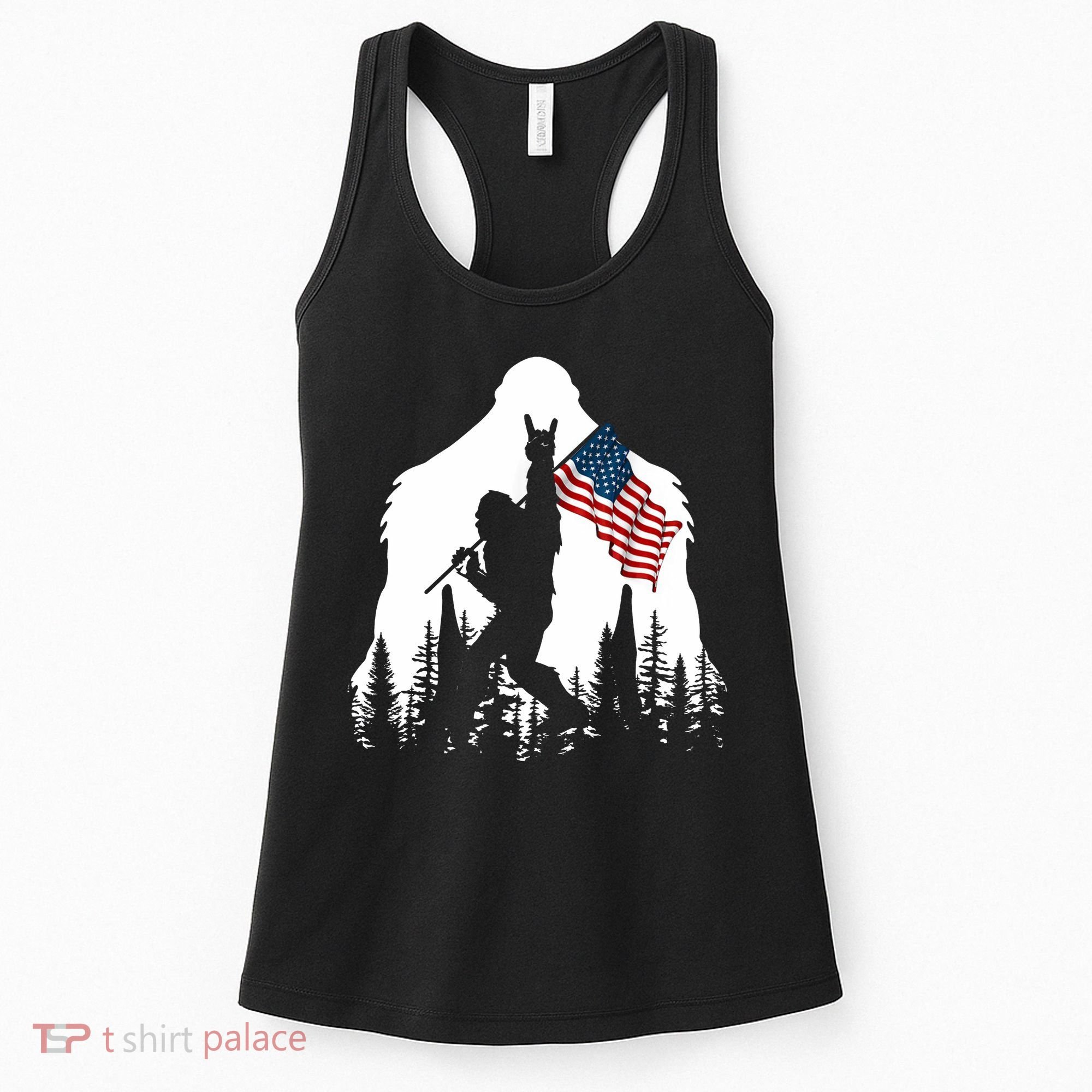 Bigfoot Rock On Hold American Flag Sasquatch Believers Women's Tank Top