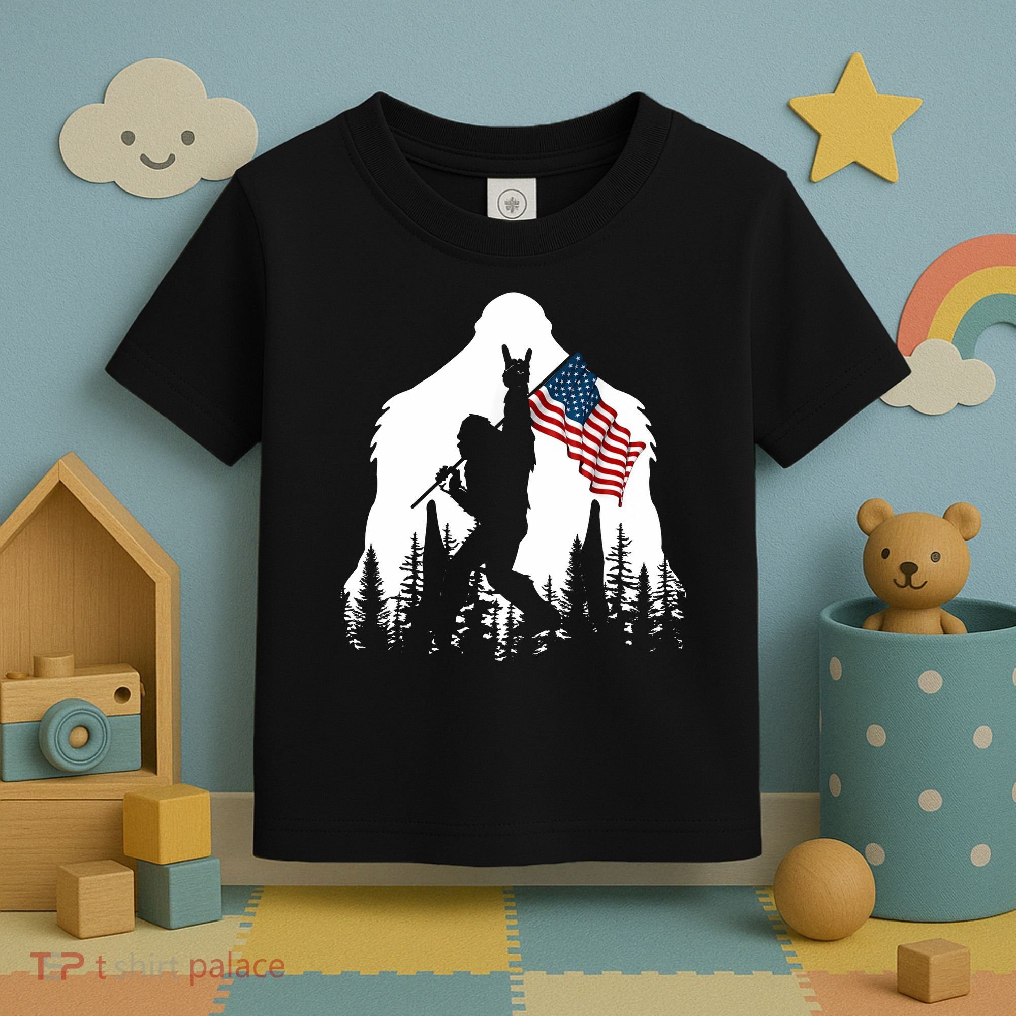 Bigfoot Rock On Hold American Flag Sasquatch Believers Toddler T-Shirt