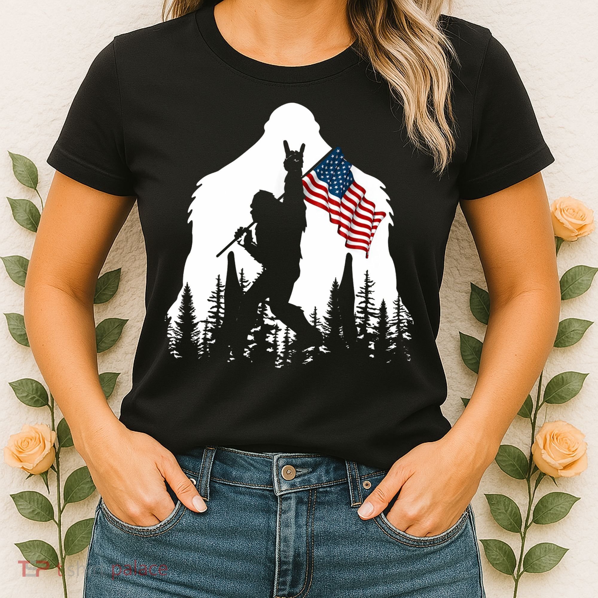 Bigfoot Rock On Hold American Flag Sasquatch Believers Women's T-Shirt