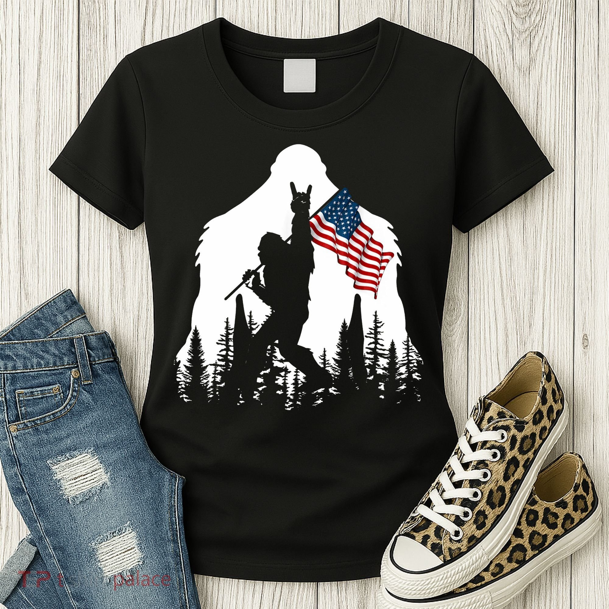 Bigfoot Rock On Hold American Flag Sasquatch Believers Women's T-Shirt