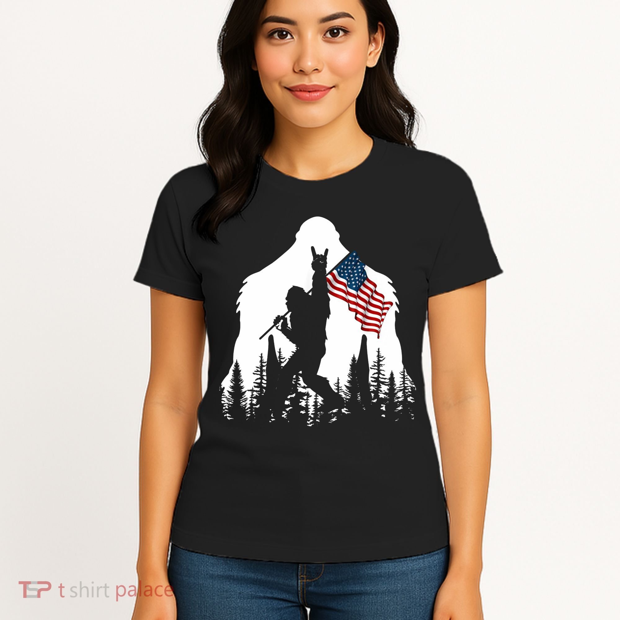 Bigfoot Rock On Hold American Flag Sasquatch Believers Women's T-Shirt