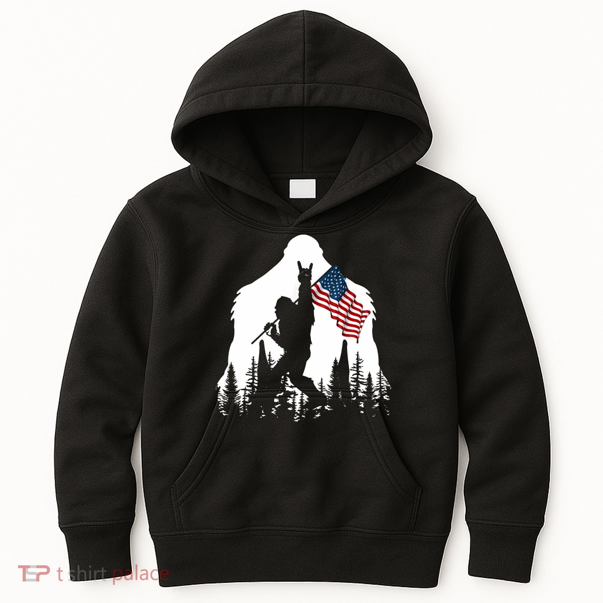 Bigfoot Rock On Hold American Flag Sasquatch Believers Kids Hoodie