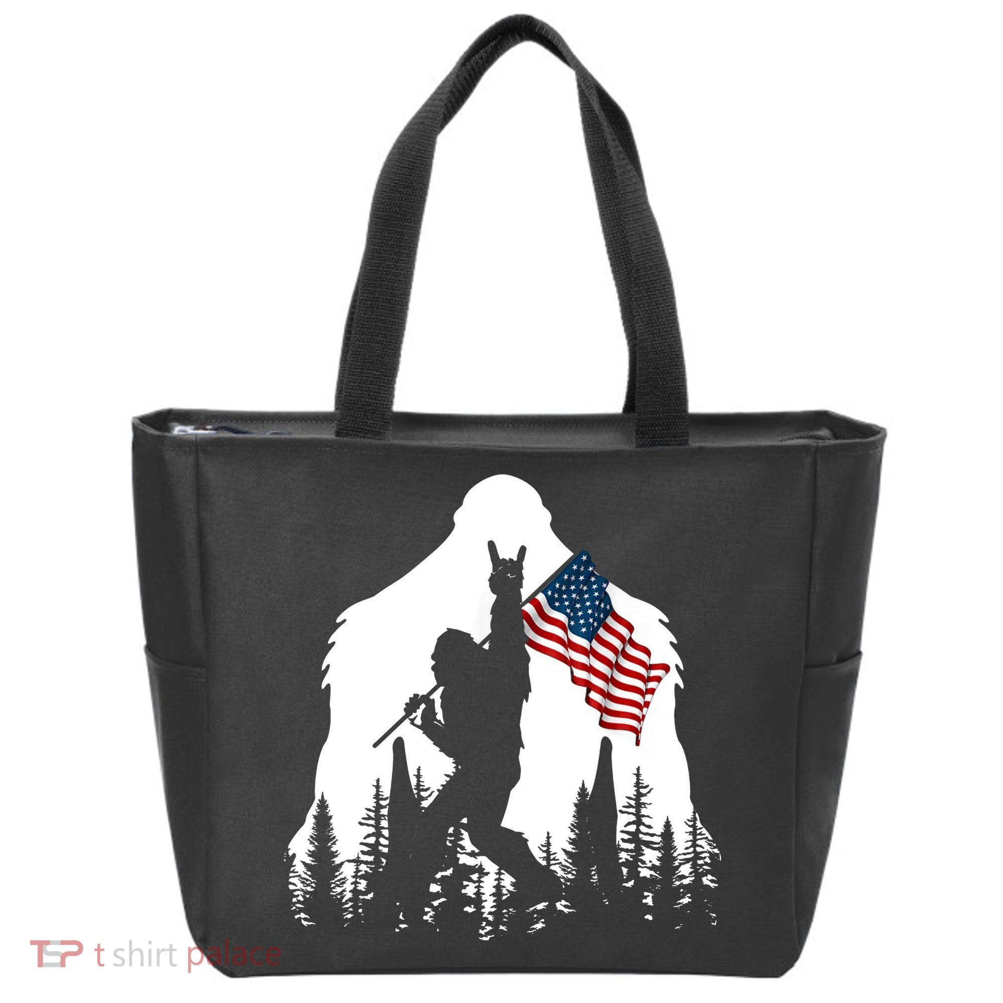 Bigfoot Rock On Hold American Flag Sasquatch Believers Tote Bag
