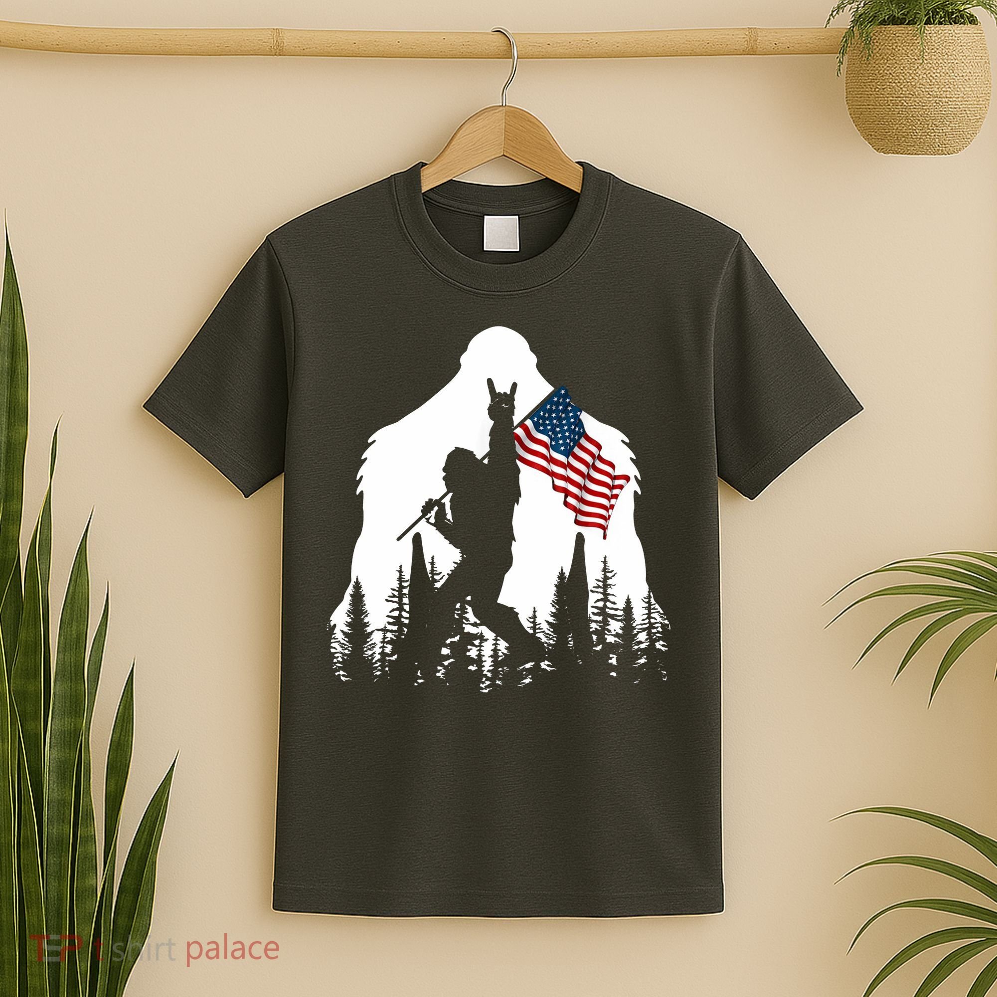 Bigfoot Rock On Hold American Flag Sasquatch Believers T-Shirt