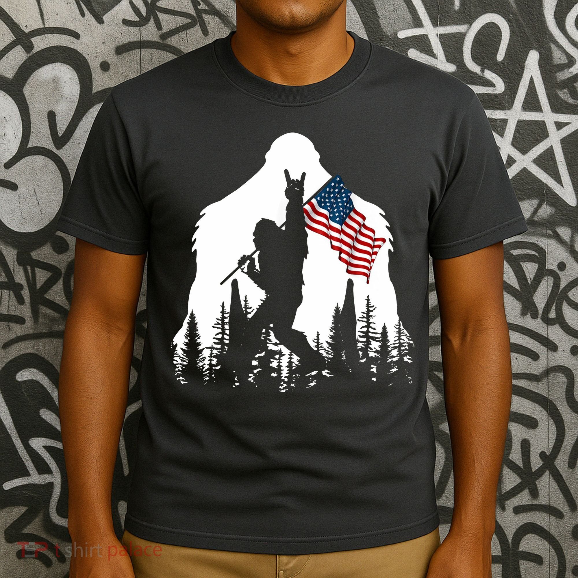 Bigfoot Rock On Hold American Flag Sasquatch Believers T-Shirt