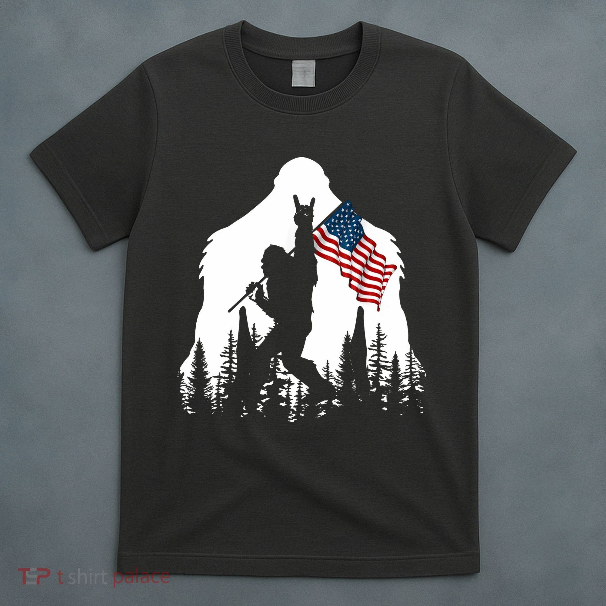 Bigfoot Rock On Hold American Flag Sasquatch Believers T-Shirt