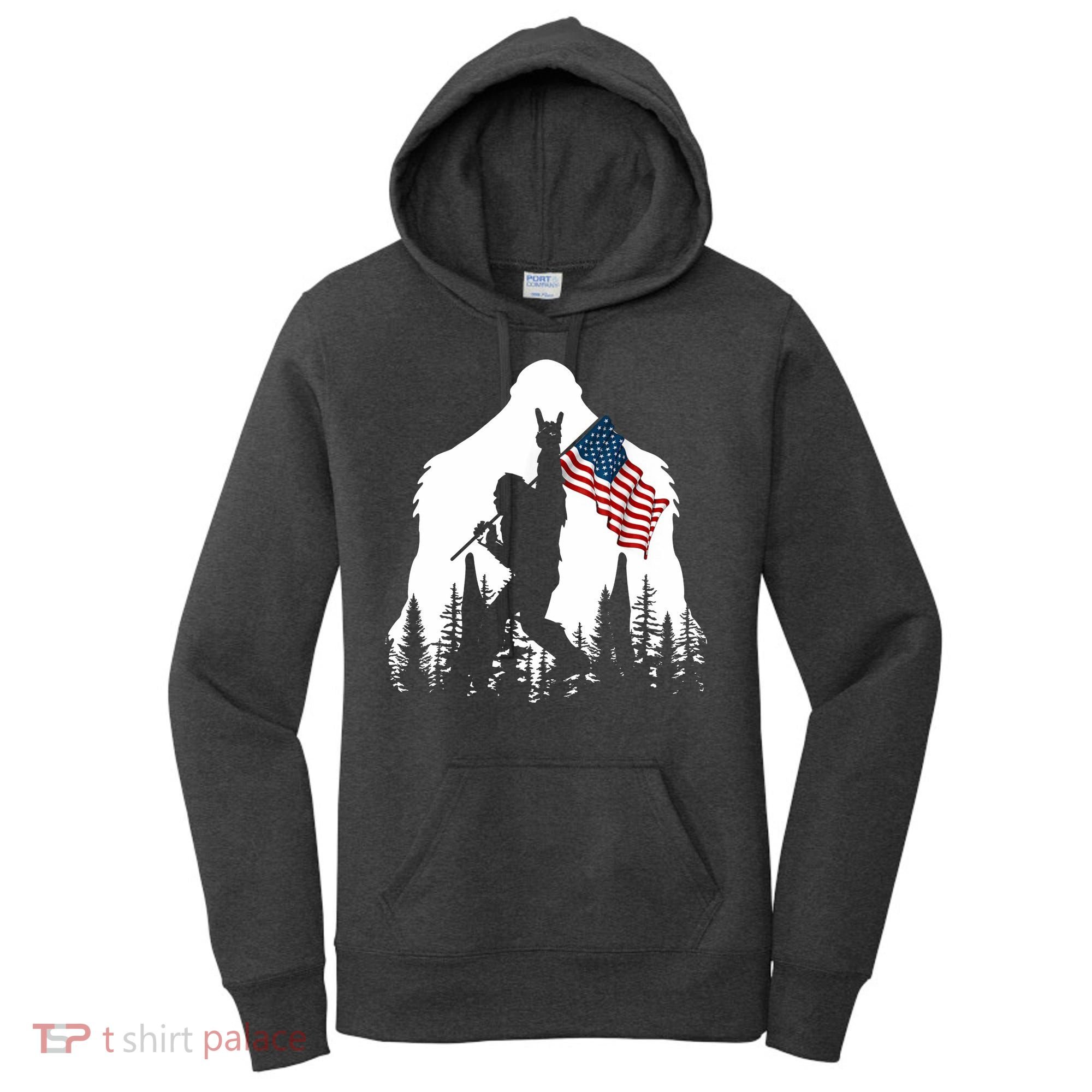 Bigfoot Rock On Hold American Flag Sasquatch Believers Women's Hoodie