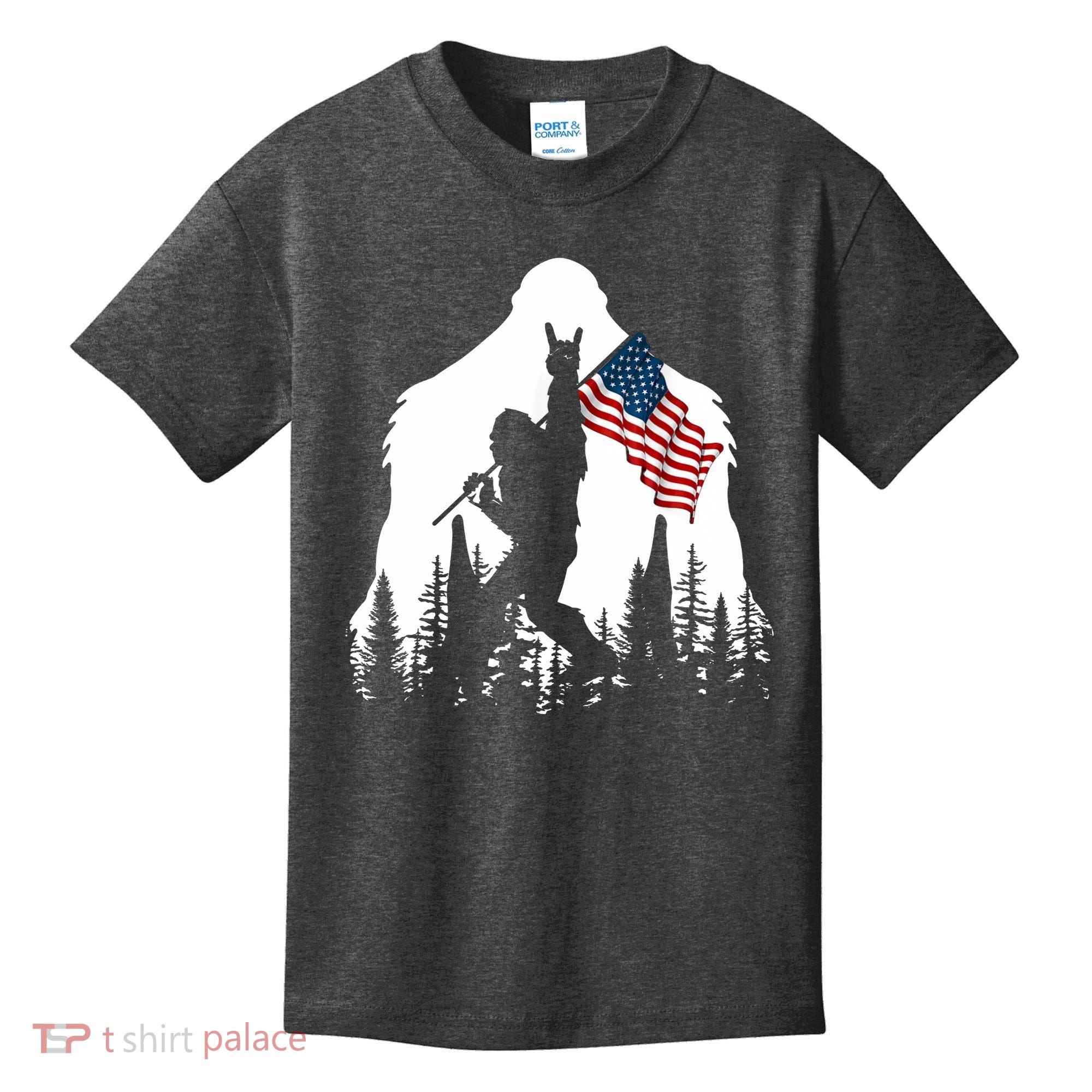 Bigfoot Rock On Hold American Flag Sasquatch Believers Kids T-Shirt