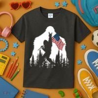 Bigfoot Rock On Hold American Flag Sasquatch Believers Kids T-Shirt thumb 3